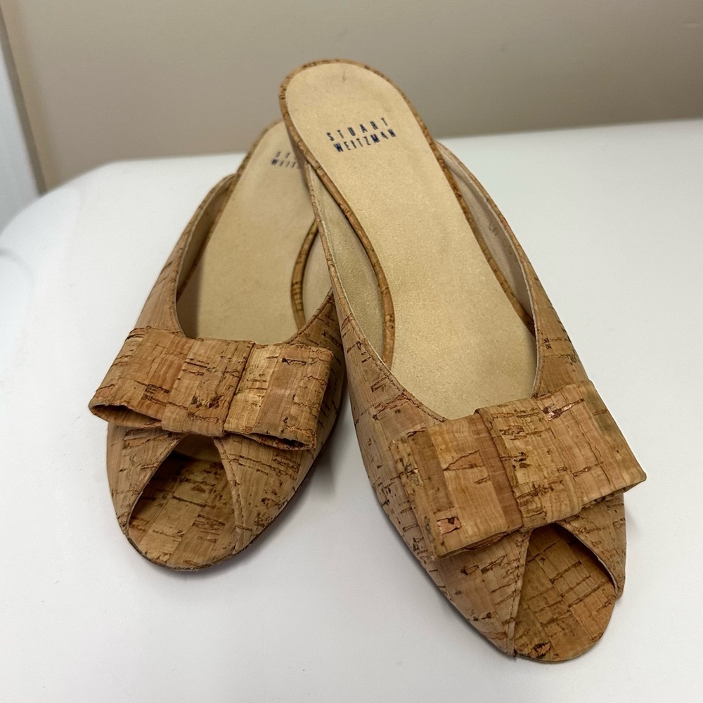 Stuart Weitzman Cork Peep-Toe Mules - Picture 4 of 8